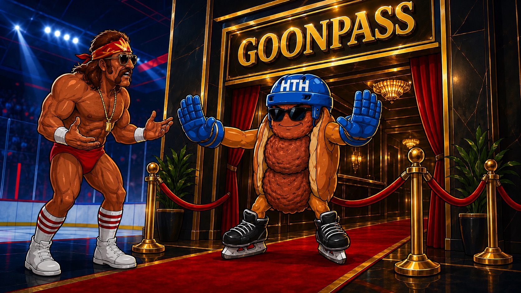 A goon bouncer in an HTH helmet working the red carpet outside the Goonpass club