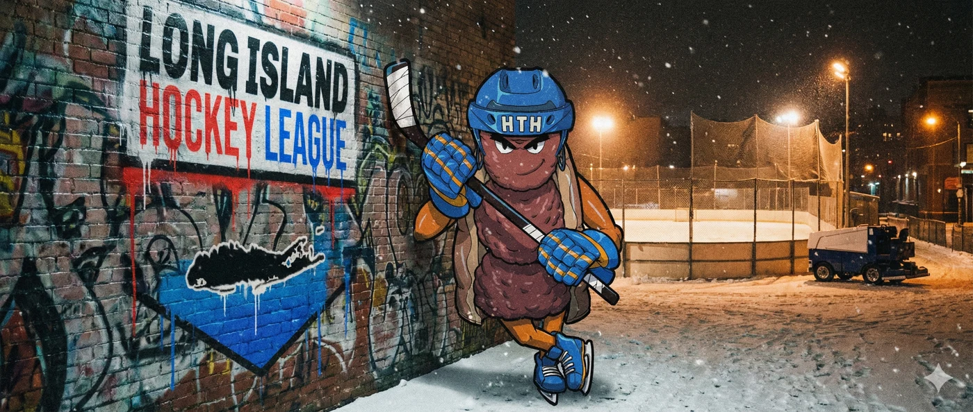 Existing LIHL artwork: the league crest and hockey mascot painted on a wall beside a rink.